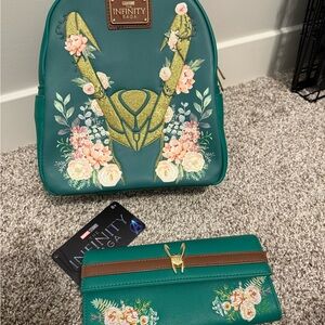 RARE Loungefly Infinity Saga Floral Loki Backpack & Wallet NWT